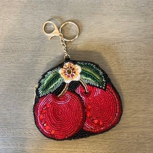 Mary Frances Wild Cherry Beaded Zip Coin Purse Key Fob New